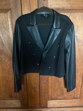 Nina Parker Cropped Blazer with Vegan Leather Collar & Sleeves